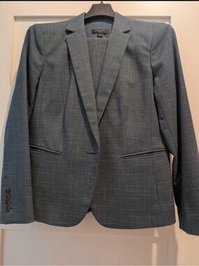 Ann Taylor Green Plaid Single-Button Blazer and Pant Set w Grey Stripes Petite